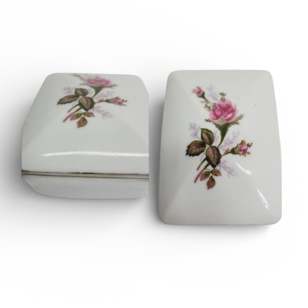 * Ceramic trinket jewelry box rose painted detail 4"X 1.5" vintage  japan